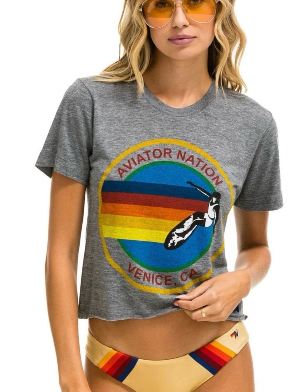 Aviator Nation Gray Tee with Multicolor Vintage Stripe Graphic